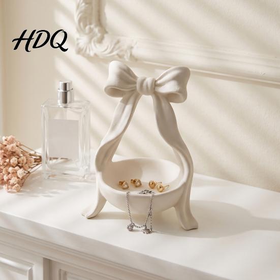 Elegant Jewelry Holder Storage Tray with Bow Decor Decorative Cream Trinket Dish 3D Dressing Table Accessory Print PETG Space Saving Display