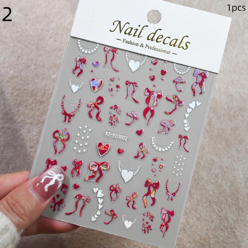 Aurora Francuska Wstążka Serce Naklejki na Paznokcie Perłowy Łańcuszek Miłość Klejące Naklejki na Paznokcie Walentynkowe Kokardki Naklejka do Manicure
