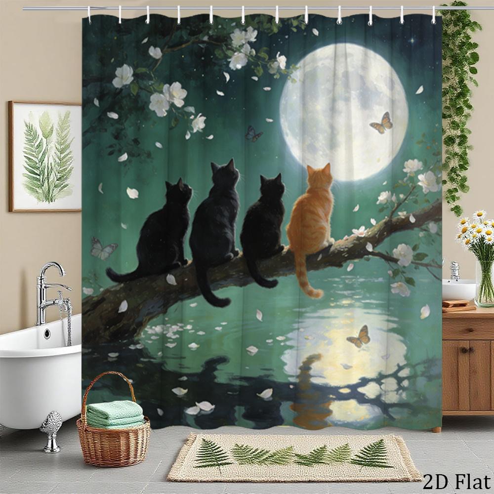 1pc Cat Moonlight Shower Curtain Floral Butterflies Night Scene Bathroom Decor Bath Hanging Curtain 70.8x70.8 Inch with Hooks Fo