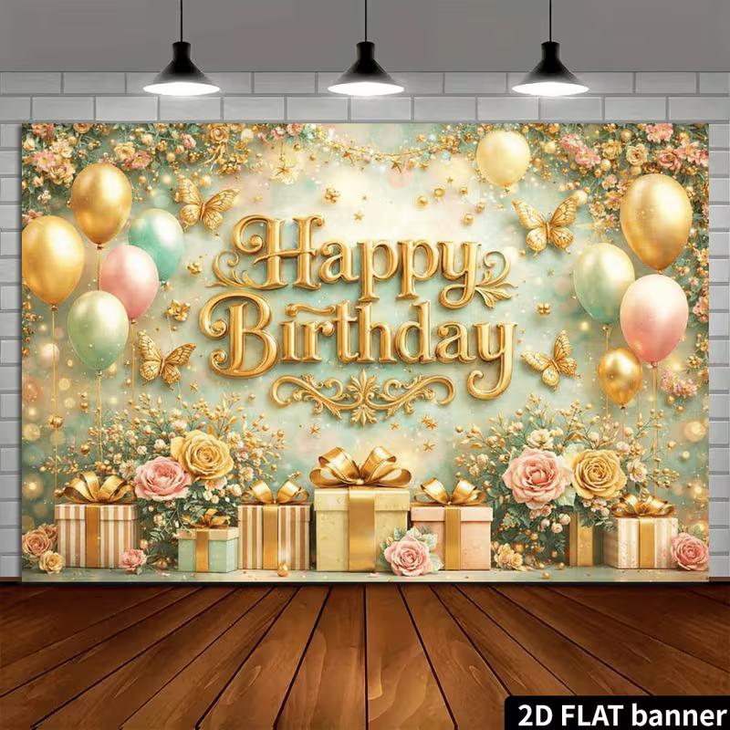 2D Gold Butterfly Floral Happy Birthday Backdrop Banner Photo Booth Background