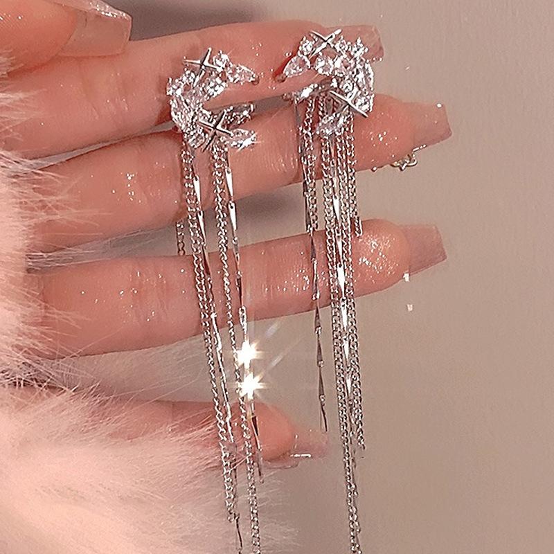 1Pc  Shiny Zircon Moon Star Long Tassel Ear Clip No Piercing Earring Trendy Female Ear Cuff Party Jewelry