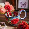 Rose-Design Curved Handle Ceramic Cup & Spoon Set - 2 Piece Underglaze Polish for Coffee & Soy Milk