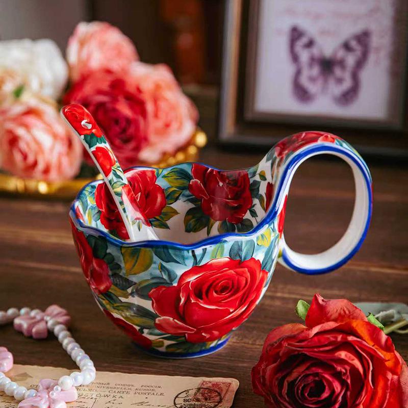 Rose-Design Curved Handle Ceramic Cup & Spoon Set - 2 Piece Underglaze Polish for Coffee & Soy Milk