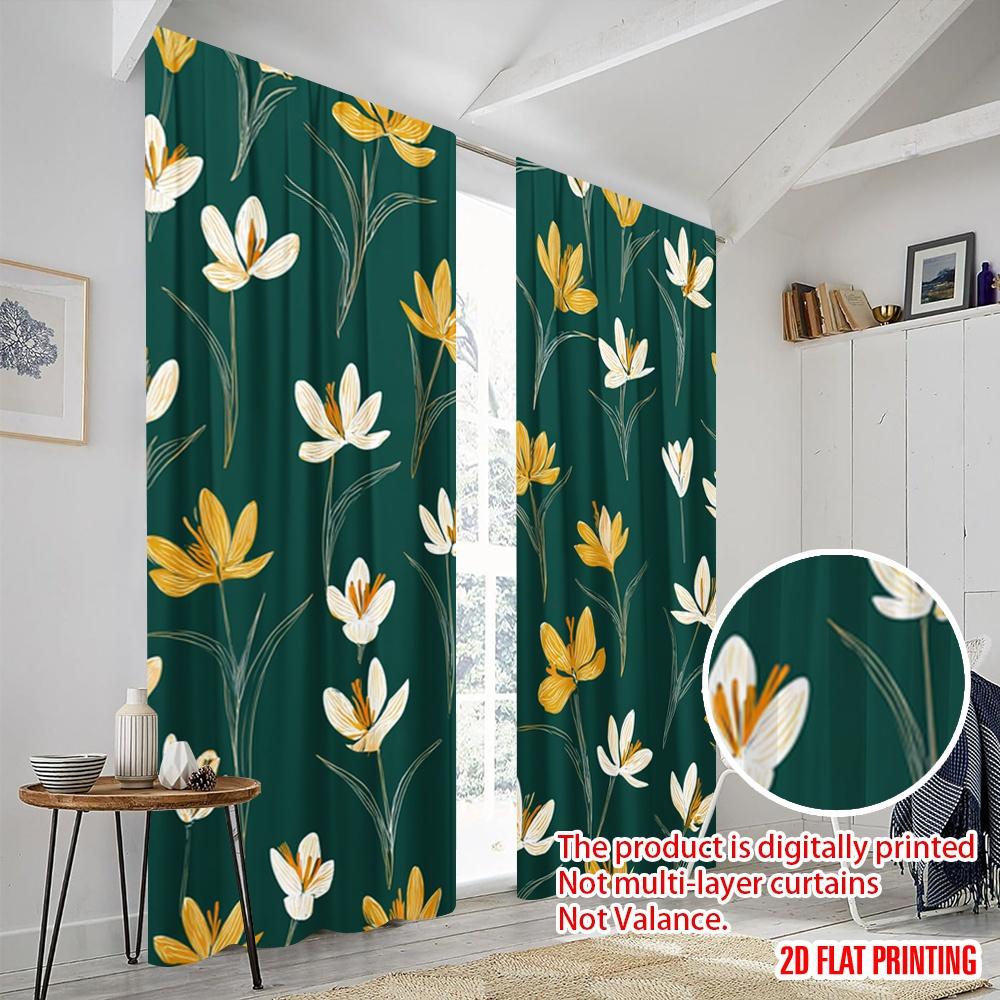 2pcs,2D Plane Printing Curtain Fabric Yellow and White Flowers Versatile 100% Polyester (without Rod) Art Deco Festive Use for