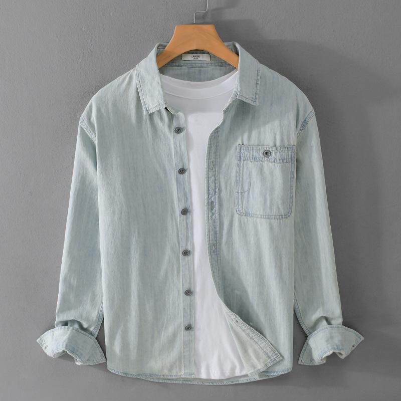 Vår Höst Långärmad Denimskjorta för Man Daglig Casual Ljusblå Jeans Herrtoppar Ren Bomullsskjorta Slim Fit Ungdom Enkel Stil Herrkläder