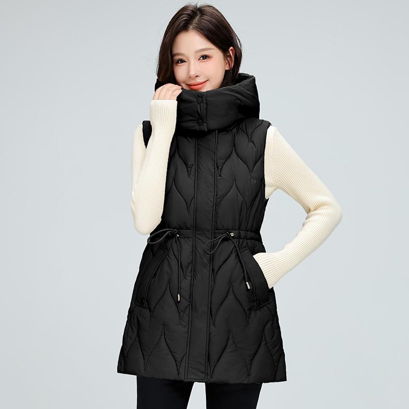 

Large size medium and long women s cotton vest women s autumn and winter medium and long hooded down cotton vest thickened vest jacket M чёрный