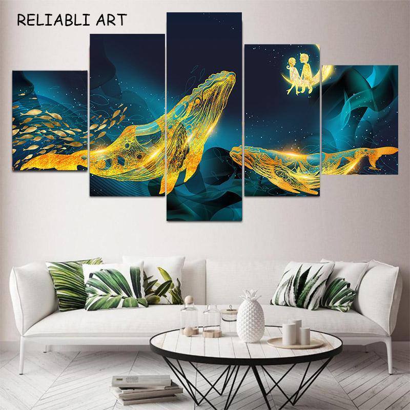 

Современный Золотой Дельфин 5 Штук Настенное Искусство Холст Принт Плакаты Картины Для Гостиной Домашний Декор Без Рамки