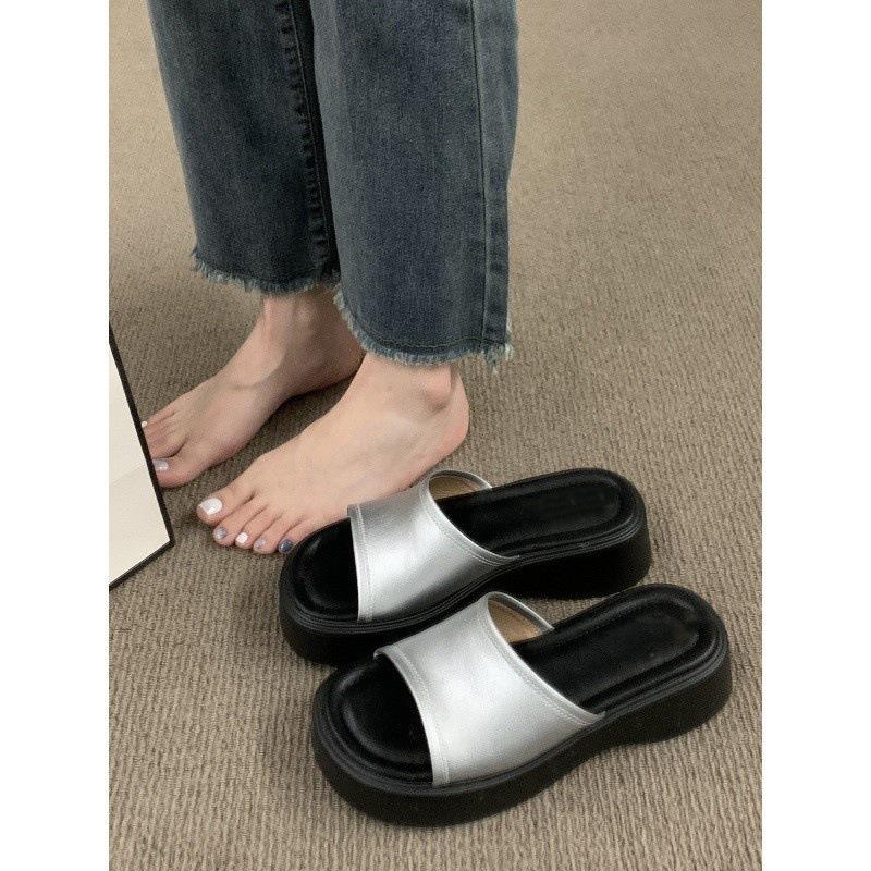 Internet celebrity thick-soled silver one-word slippers women's summer wear 2025 popular slope heel sandals holiday beach Roman sandals