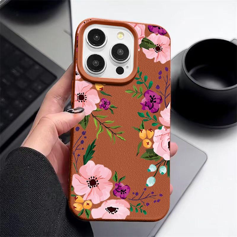 Matte Leather Texture TPU Soft Phone Case For iPhone 16 Pro Max 15 Pro 14 13 12 11 Floral Print Slim Shockproof Bumper Cover
