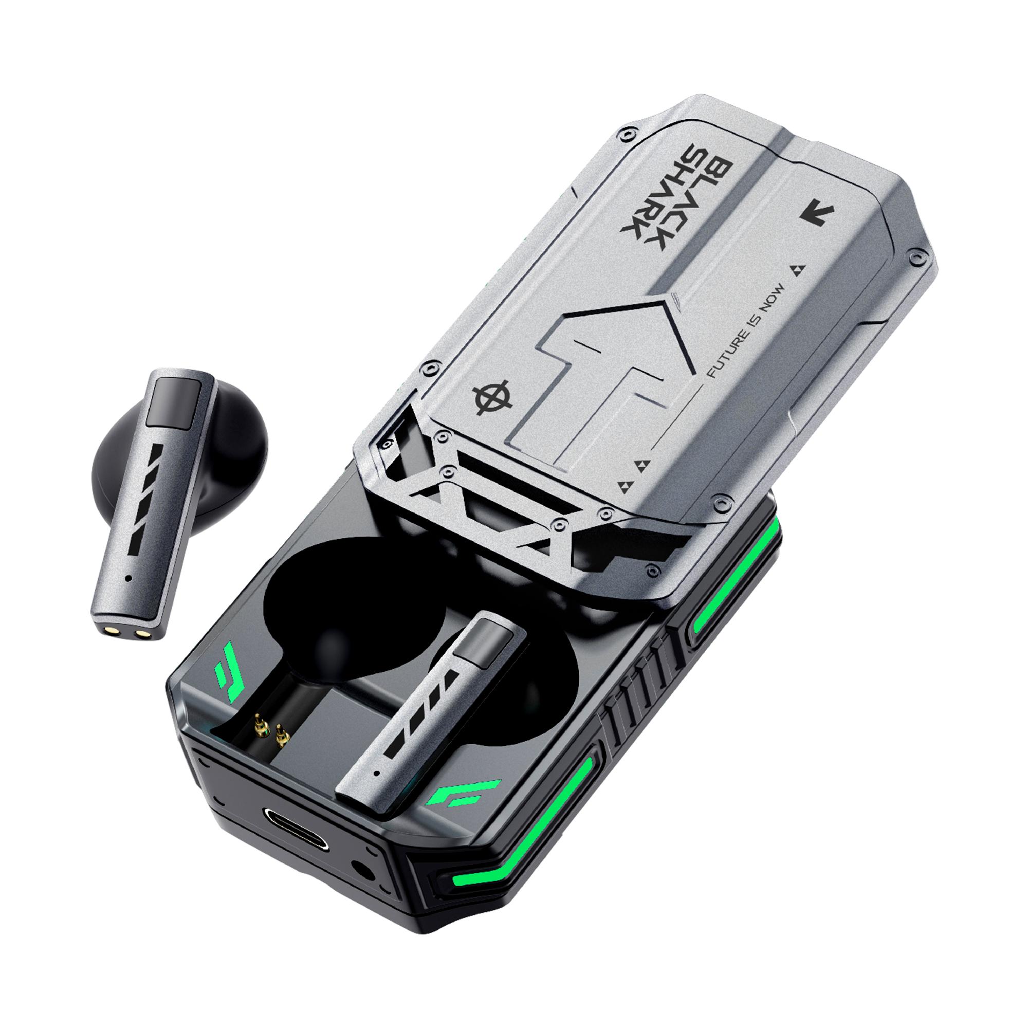 Das Black Shark T11 Gaming-Bluetooth-Headset verfügt über ein von Mechas inspiriertes Klappdesign, geringe Latenz, 30 Stunden Akkulaufzeit, HD-Anrufqualität und RGB-Beleuchtungseffekte. grau