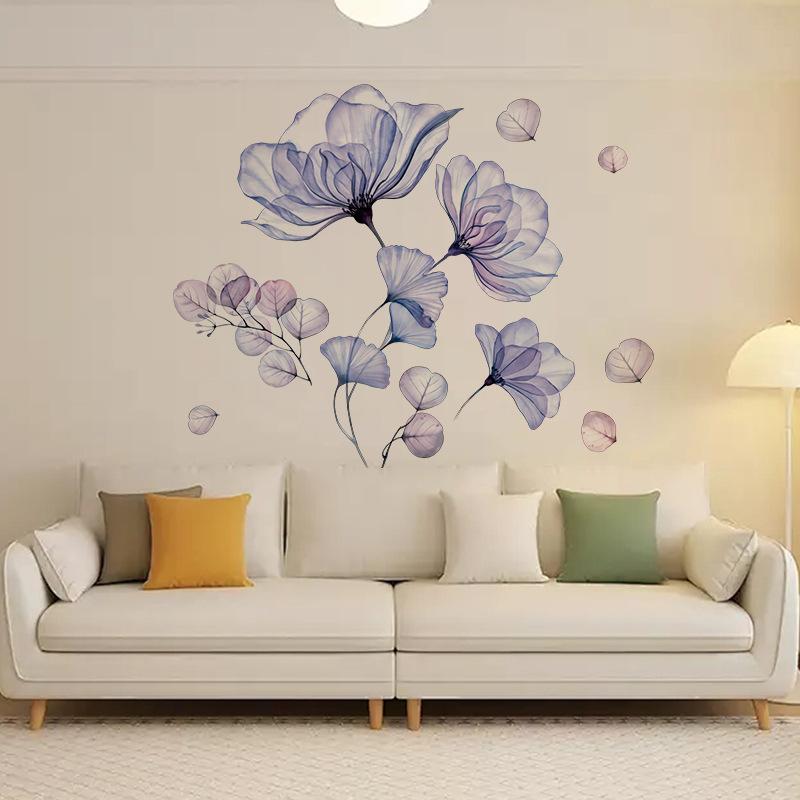 Blue Purple Flower Wall Stickers Self-Adhesive Removable Vinyl Decals for Living Room Bedroom Kitchen Decor