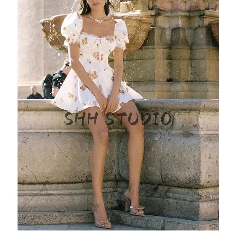 Summer New Product Women's Clothes French Vintage Style Printed Waist-Controlled Slim Looking Lace Patchwork Puff Sleeves Dress Short