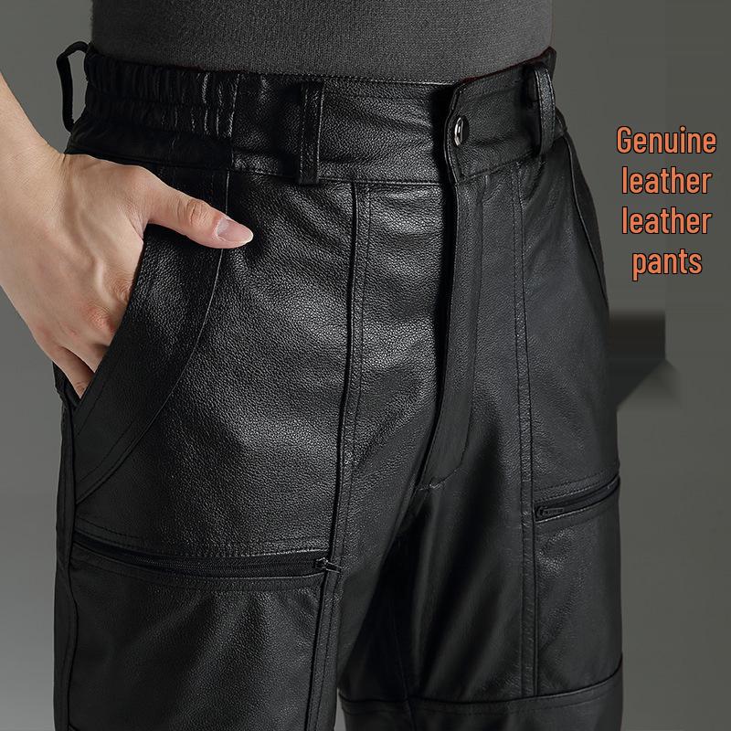 Men's Genuine Top Grain Cowhide Leather Fleece-Lined Pants - Thickened, Pure Leather Trousers for Middle-Aged and Elderly