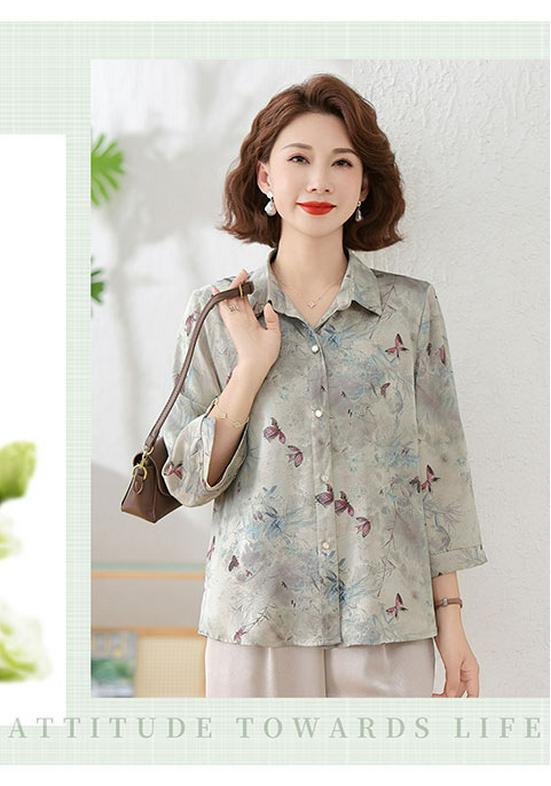 2026 Chic Printed Shirt for Moms: Loose, Nine-Point Sleeve, Spring/Autumn Fashion for Middle-Aged and Elderly Women