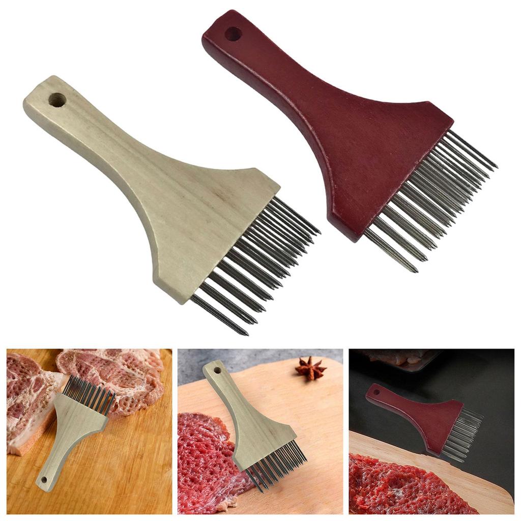 Practical Meat Tenderizer Tool with Stainless Steel Pin Wood Handle for Beef Chicken Steak Food Processing