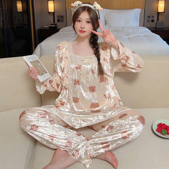 Autumn Spring Pajama Women New Golden Velvet Girls Lace Loungewear Set Square Neckline Sweet Leisure Loose Comfort Homewear Suit