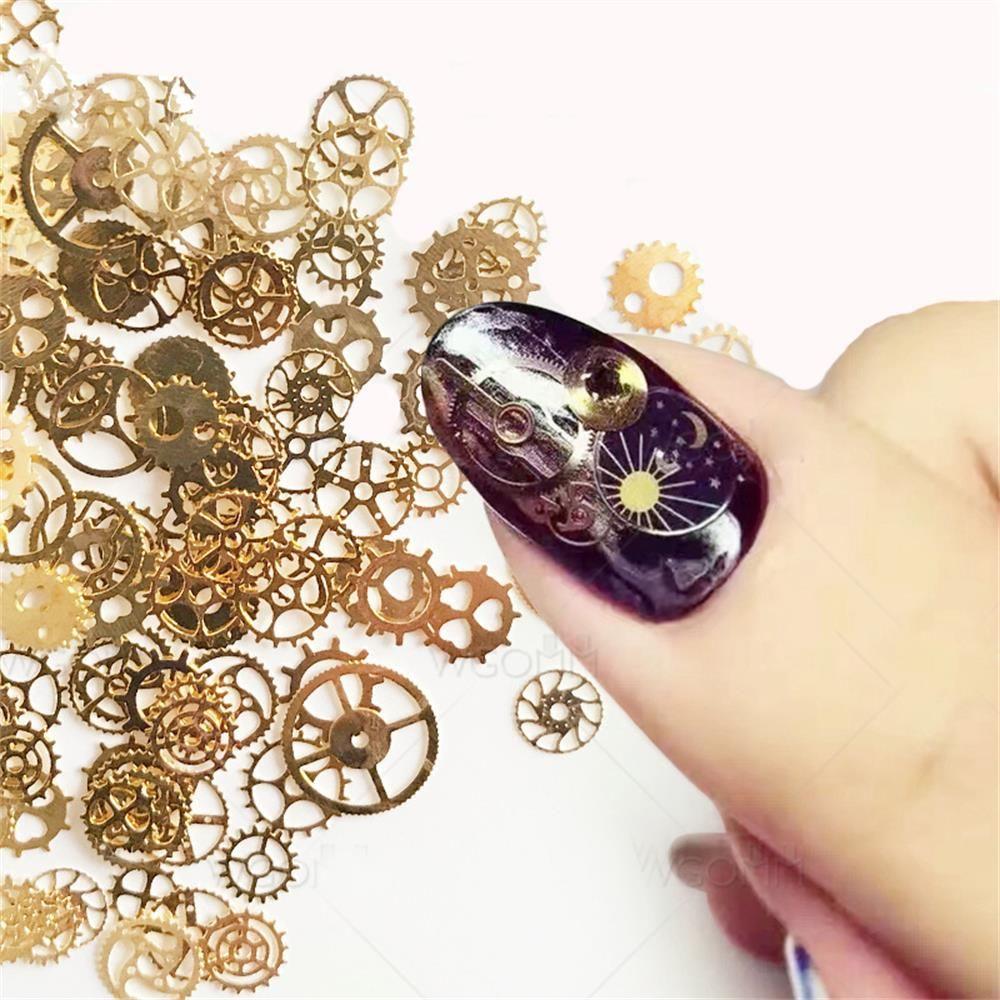 Gold Time Gear Flowers Nail Sequins 3D Flakes Manicure Decor Hollow Metallic