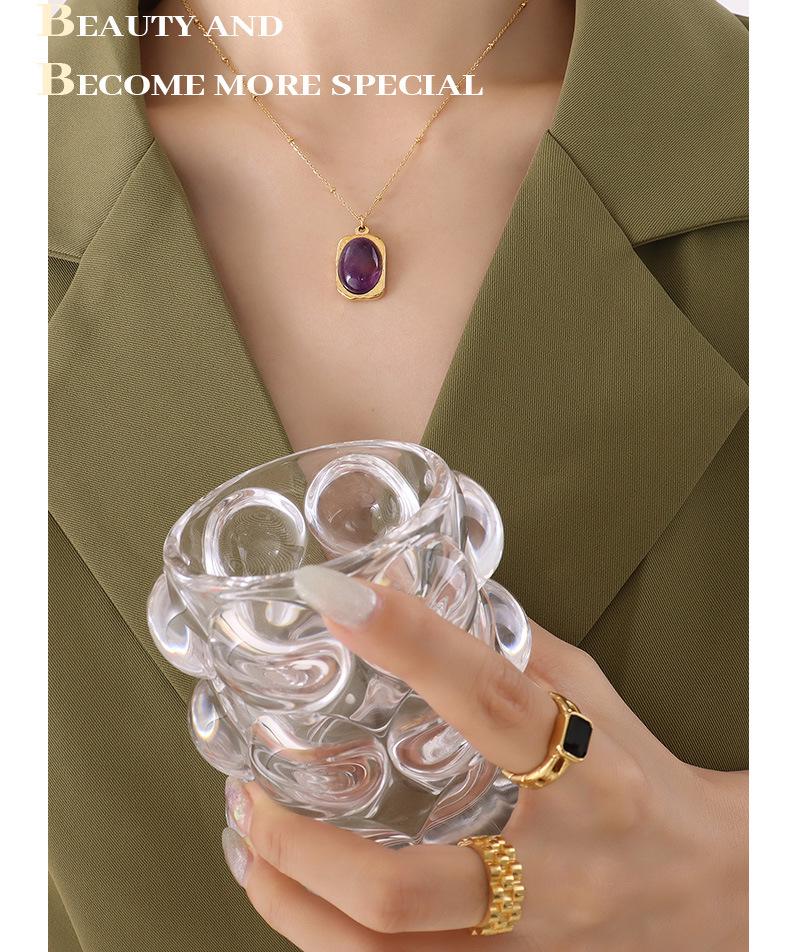 18K Gold-Plated Titanium Steel Necklace with Square Pendant and Natural Stone Inlay