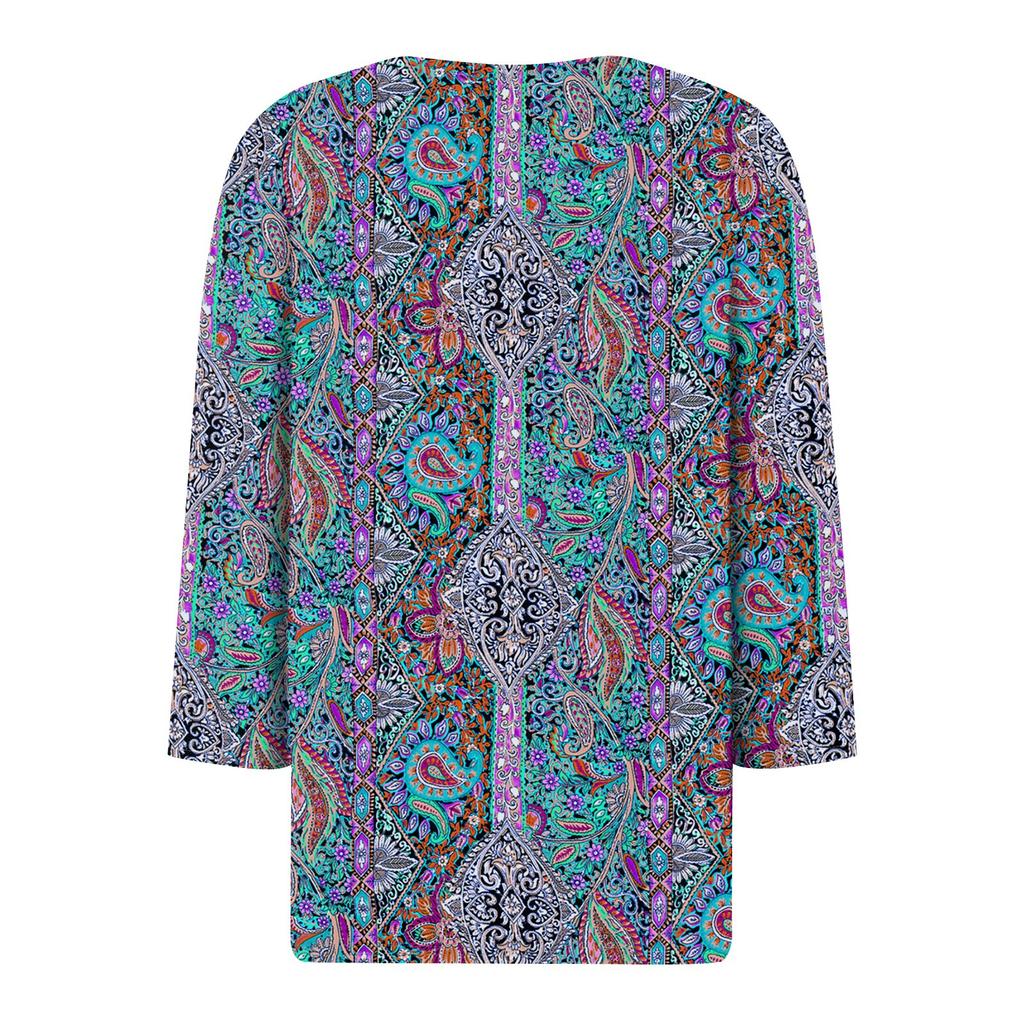 3/4 Length Sleeve Women's Tops Print Vintage Fashion Casual Loose With V Neck Plus Size Shirts Tops