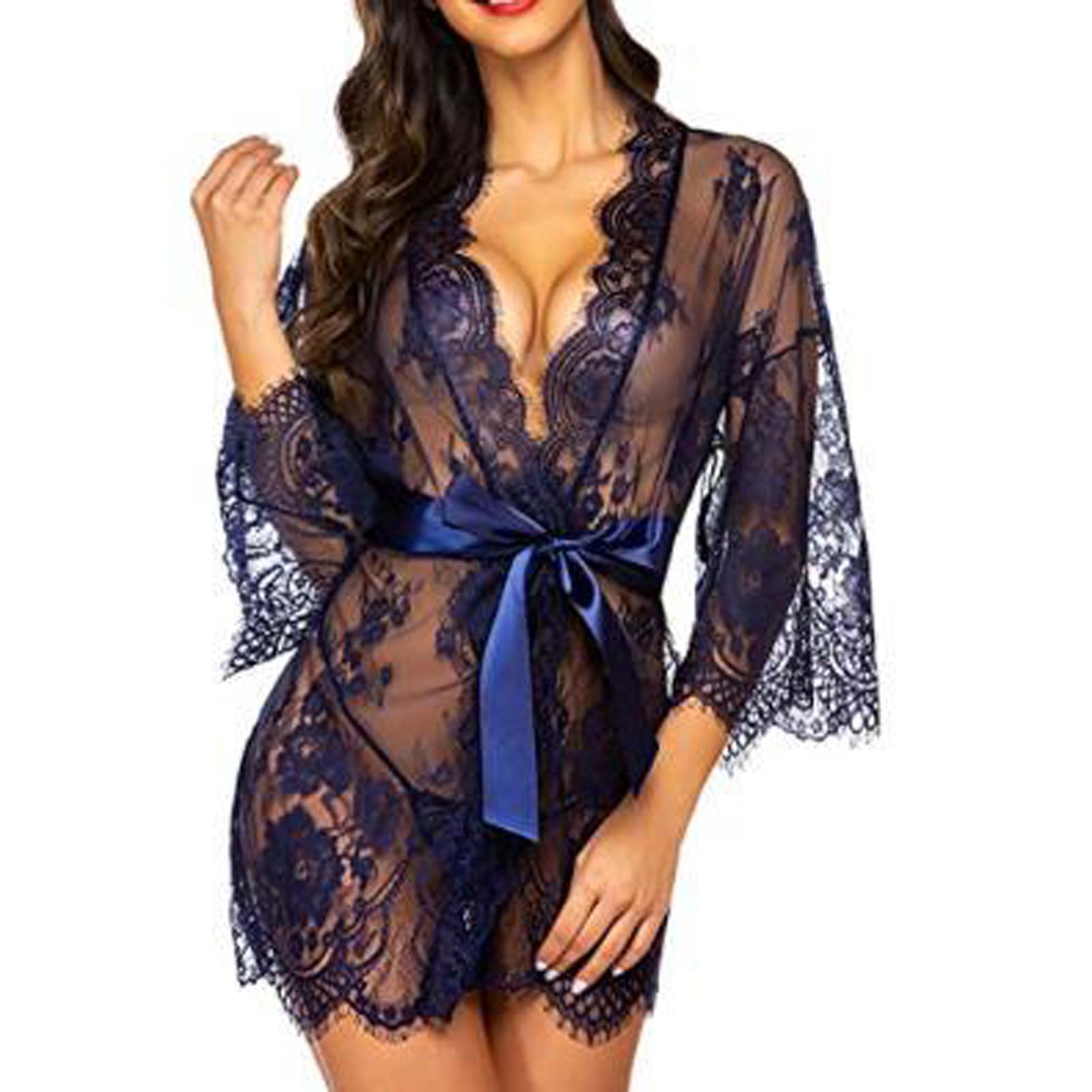 

Модный женский сексуальный халат Babydoll, кружевное нижнее белье, пояс + стринги, банный халат
