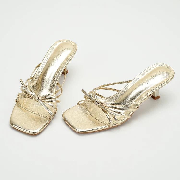 French gold high-heeled cool slippers for women's outerwear 2025 summer new temperament thousand gold thin straps medium heel open-toed sandals