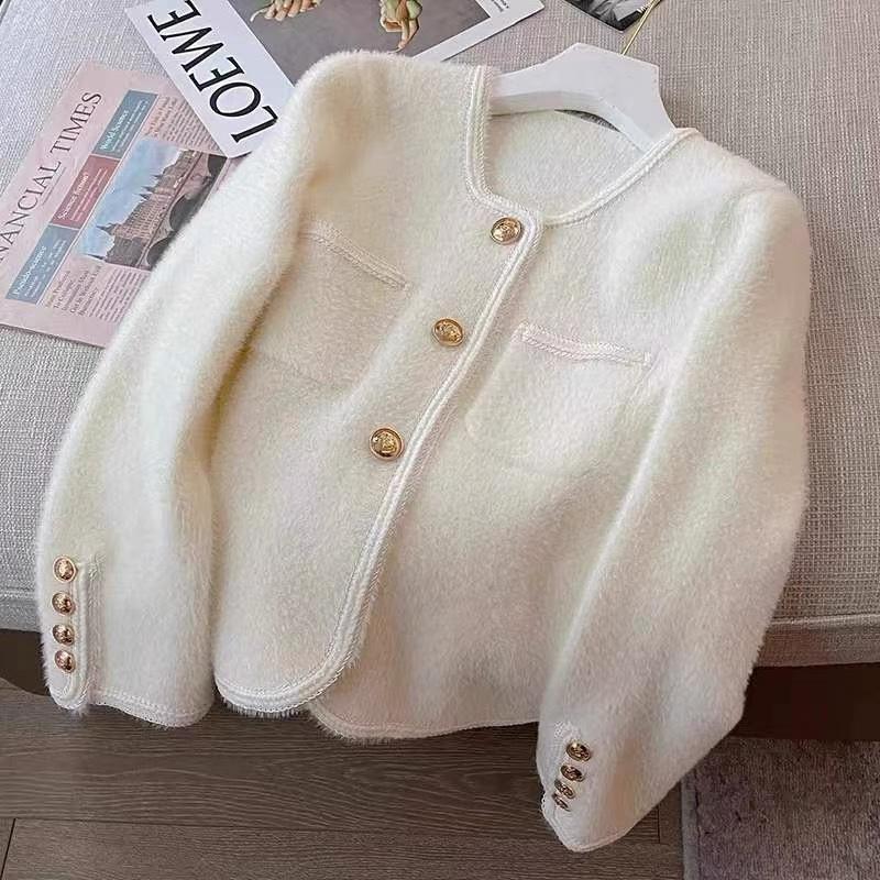 GMXIA Small Fragrant Gold Button White Mink Cashmere Knitted Cardigan Women Spring Soft Soft Sweater Coat Coat Winter