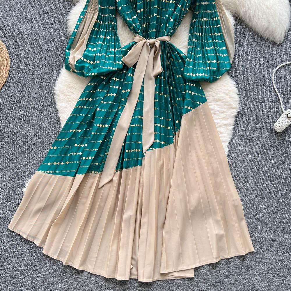 Vintage Elegant Spliced print slim Dress Korean Fashion Long dress hotsweet Women Fashion Dresses