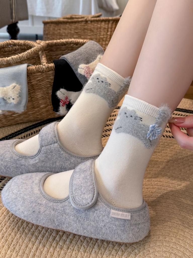 Three-Dimensional Plush Kittens Pile Up Socks Korean Sweet Plaid Mid-Leg Socks Bow Decoration Soft Glutinous Socks Milk White Cotton