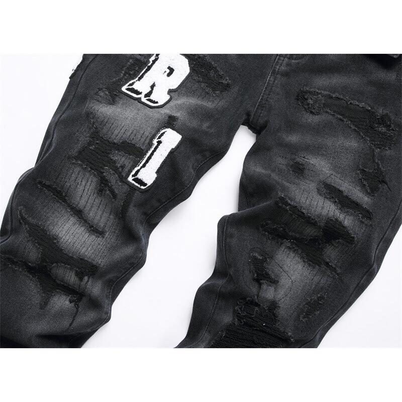 Trendy Youth Black Slim-fit Jeans Distressed Ripped Patchwork Elastic Mens Denim Pants Style 3529