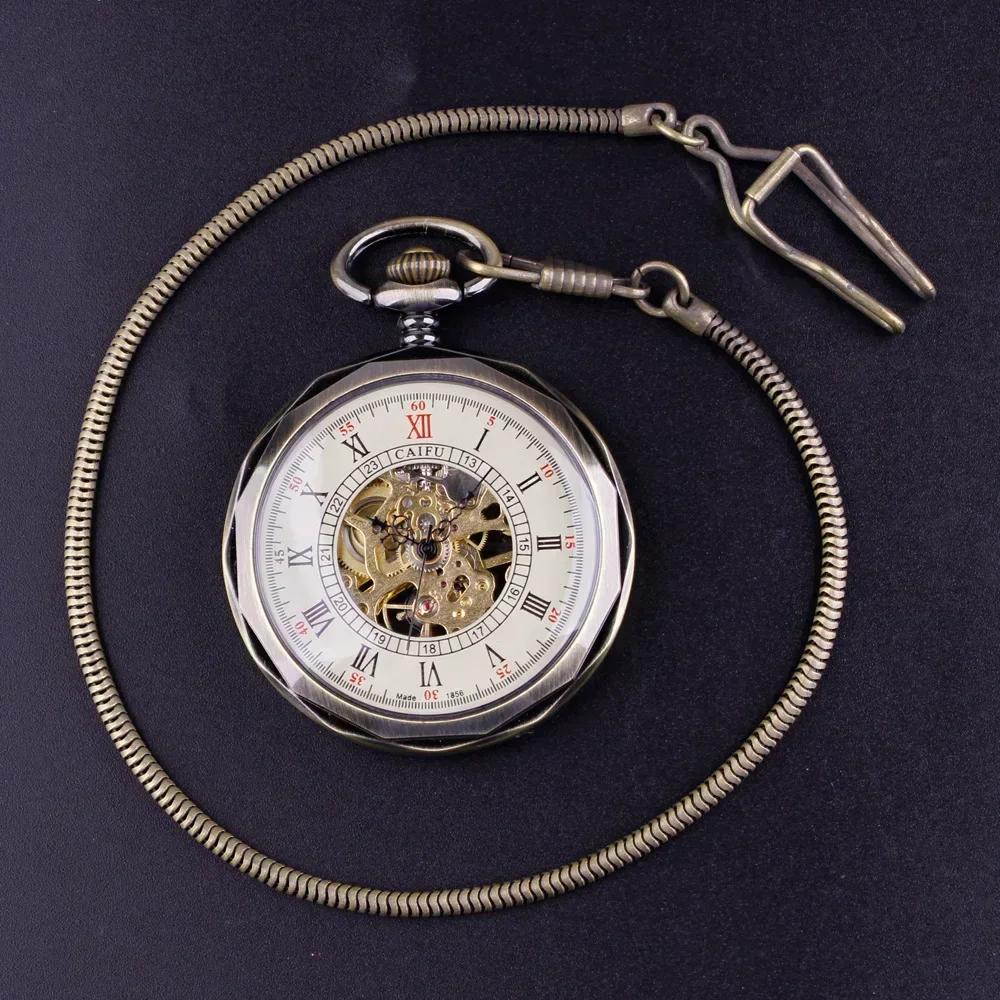 Elegant Vintage Roman Numerals Men's Mechanical Pocket Watch Hand Winding Movement Open Face Pocket Chain Timepiece Male