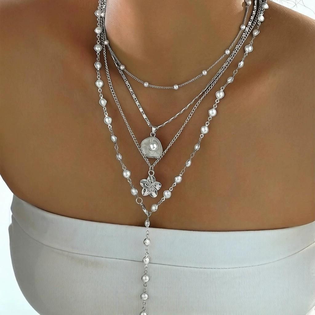 4pcs Vintage Bohemian Metal Shell Pearl Flower Pendant Tassel Necklace Set for Women Daily Wear Beach Vacation Jewelry Gifts New