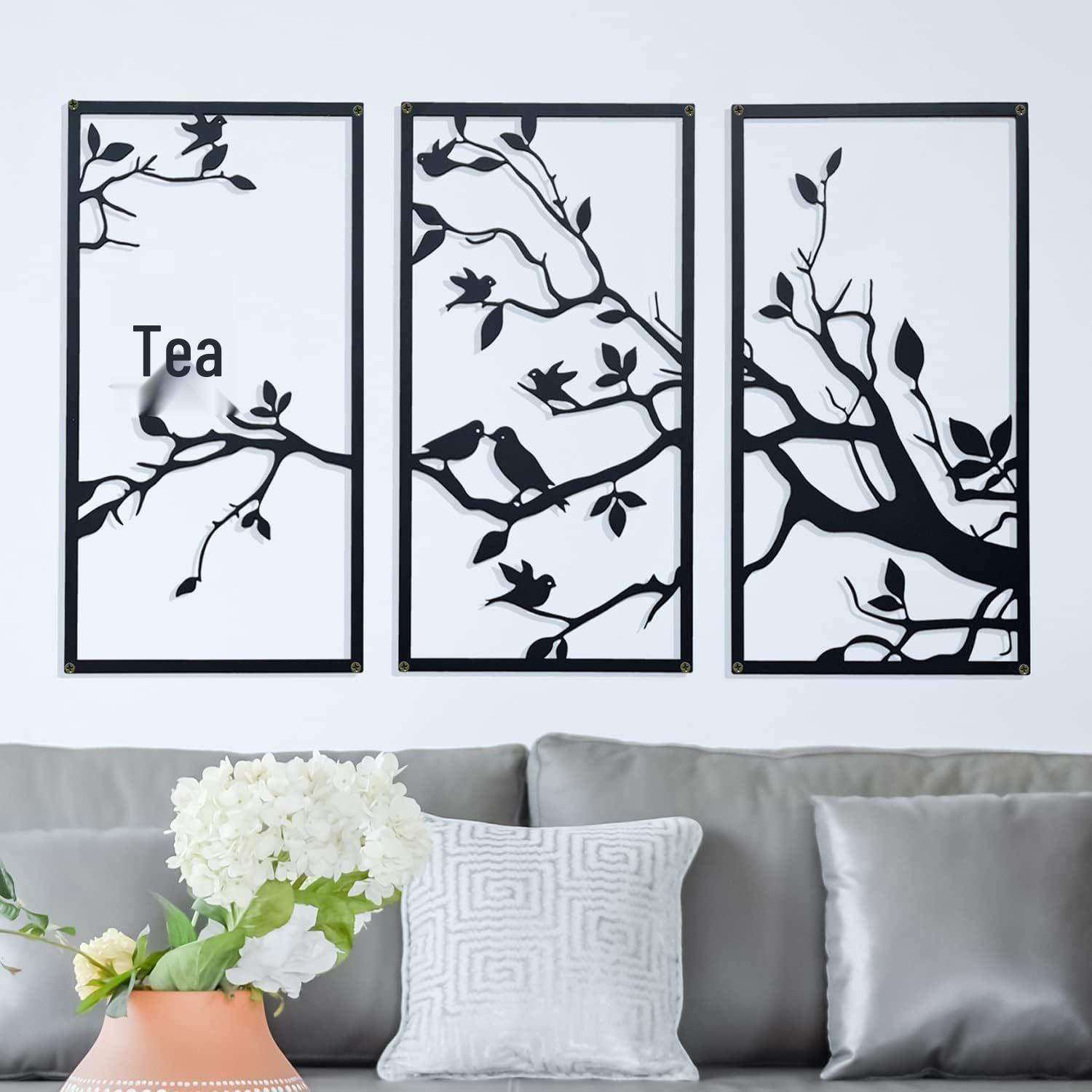 Large 3-Piece Metal Wall Art: Birds on Branches for Indoor/Outdoor Decor золотой