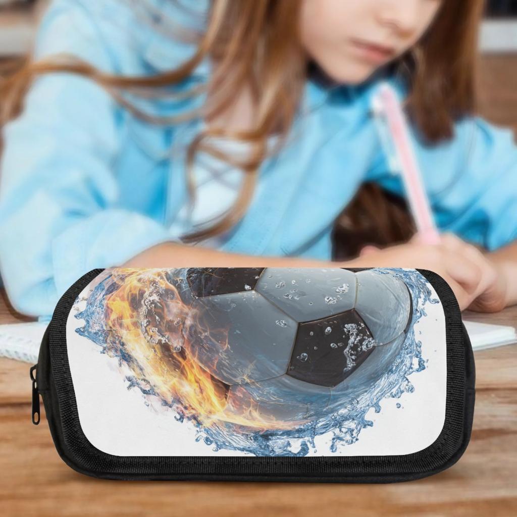 A Unique Pencil Case Featuring a Design That Merges Football with Water And Fire Elements. Ideal for School, Office, Or Travel, This Item Is Popular A