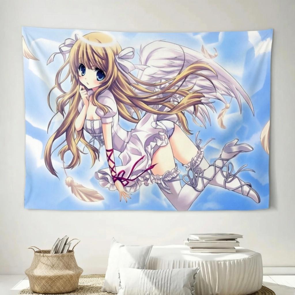 Anime Angel Girl Kawaii Tapestry Blonde Hair White Wings Halo Frilly Dress Anime Wall Hanging Teen Girls Dorm Decor Gift