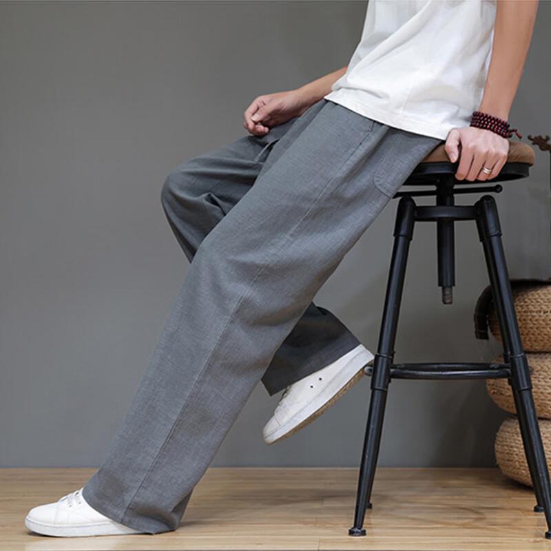 ROMON Men's Straight Loose Fit Ramie Blend Casual Pants