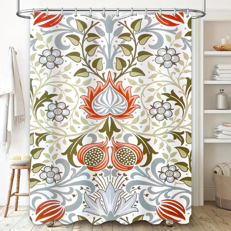 וילון מקלחת פרחוני וינטג' דקור: סט בטנה לאמבטיה בדוגמת רימון אדום, אפור ירוק ולבן לקישוט הבית מידה 72x84