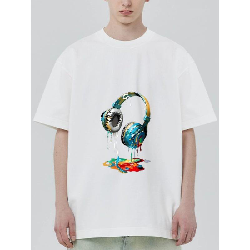 Black Oversized T Shirt with Colorful Headphones Dripping Paint Design for Music Lovers and Streetwear Fashion
