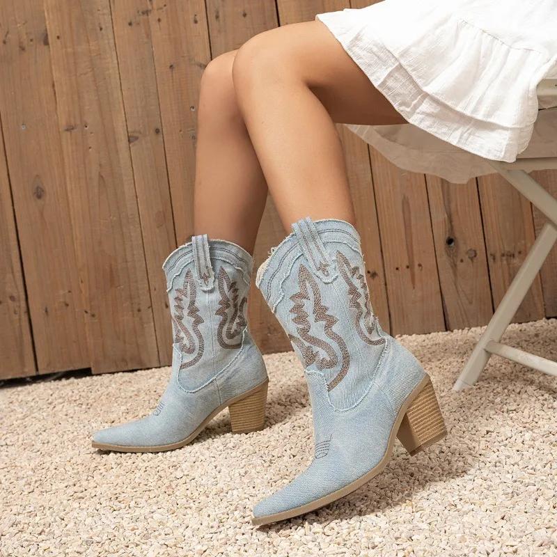 Bottes de cowboy western à bout pointu et à la mode pour femmes, style rétro, polyvalentes, brodées, à enfiler, mi-mollet