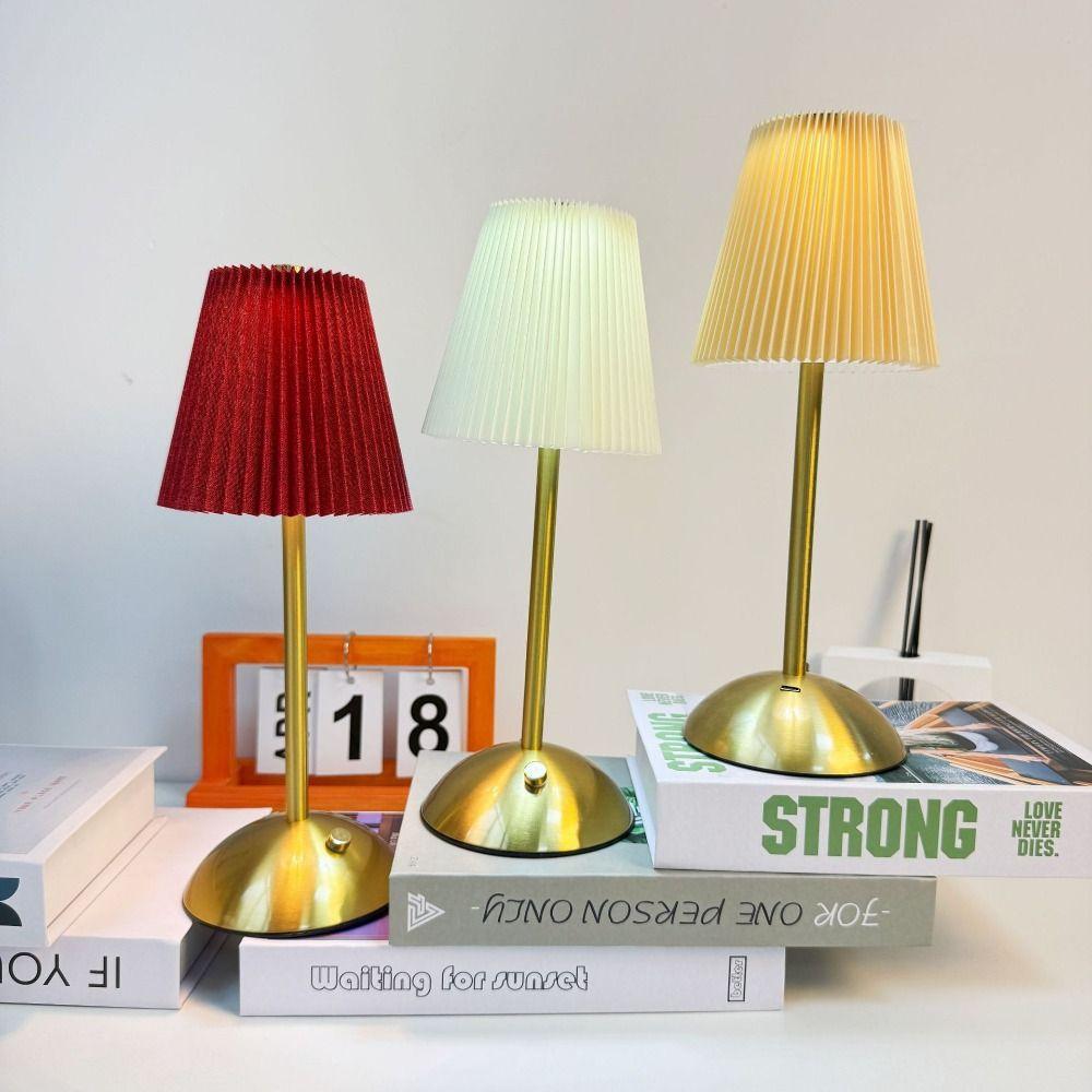 Fabric Shade Pleated Desk Lamp Metal Base LED Night Light Modern Design Touch Bedside Lamp Bar