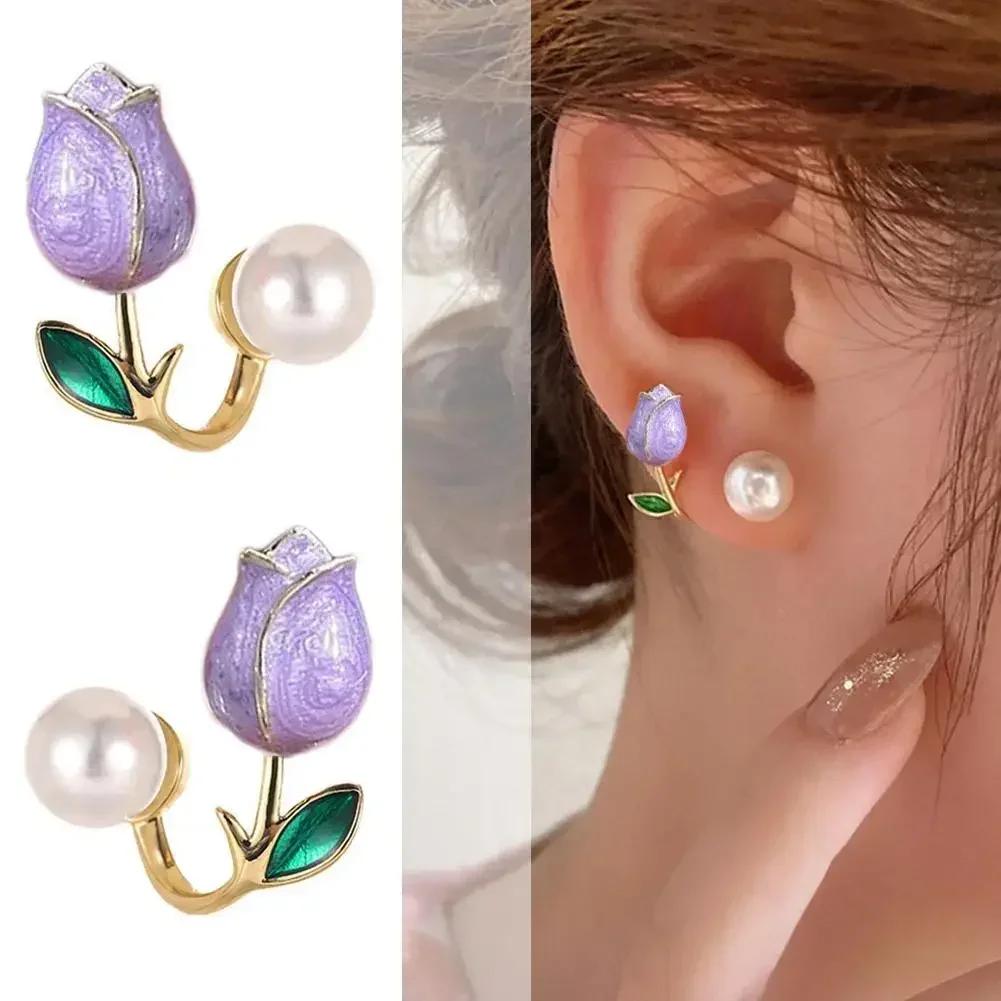 Pink Tulip Imitation Pearl Earrings Rose Flower Two Ways To Wear Ear Studs for Girls Daily Wear Women Ear Piercings Gifts