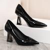Fashion French Black Premium Temperament Versatile High Heels 2025 New Pointed Toe Block Heel Patent Leather Single Shoes