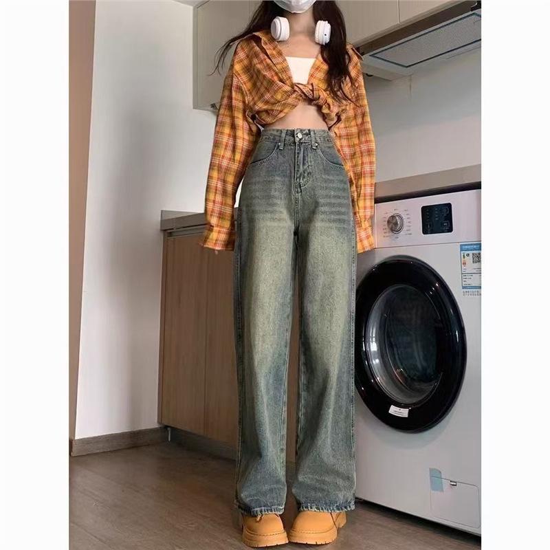 Women's High-Waisted Retro Washed Denim Jeans, Winter Slimming Wide-Leg, Plus Velvet, Floor-Length Straight Pants