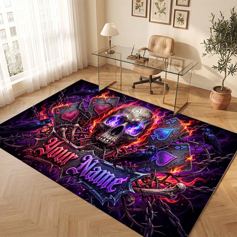 Tappeto Morbido in Velluto di Cristallo Tema Gotico Teschio Stampa Personalizzata Nome e Testo Tappeto Antiscivolo per Camera da Letto Soggiorno