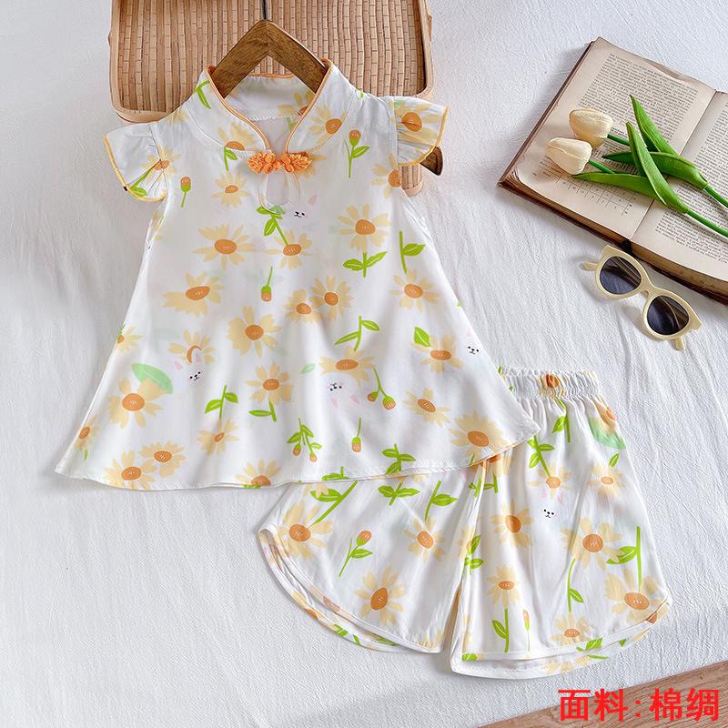 Girls Summer Floral Rayon Vest And Shorts Set Cute Baby Cotton Silk Home Wear Two Piece Outfit For Kids