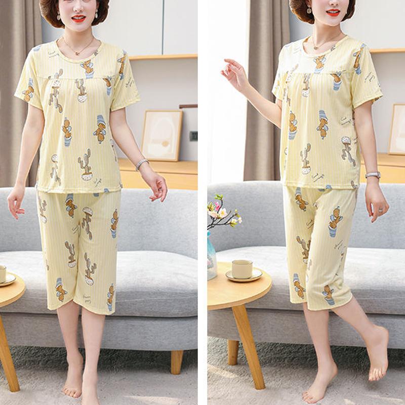 Middle Aged and Elderly Mothers Pajamas Women's Short Sleeved Home Clothing Spring and Autumn Sets Summer Oversized Loose Fitting