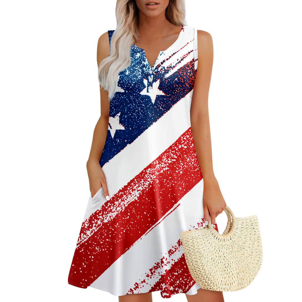 Damen Sommerkleider Lockeres V-Ausschnitt Ärmelloses Sommerkleid Kleid Mit Taschen