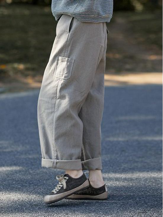 Women's Retro Gray Cotton Elastic Waist Casual Pants