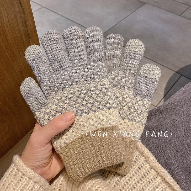 Retro Warm Student Touch Screen Five Finger Gloves for Women in Autumn and Winter Plus Velvet and Thickening  Cute Bicycling Couple's Fingers