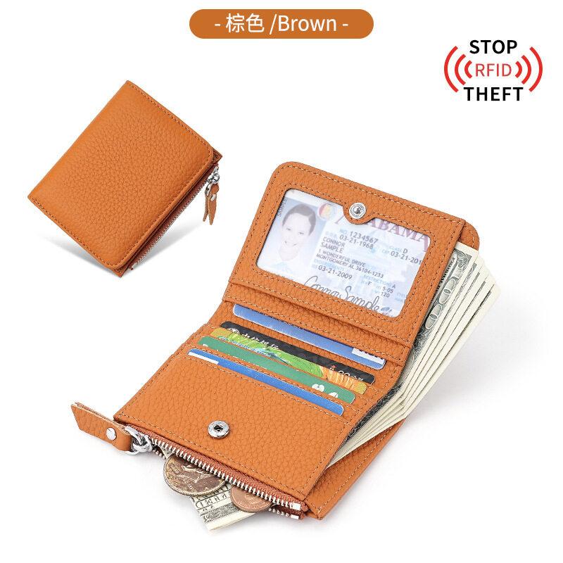 Japanese Style Fashion Ultra Thin Short Purse Large Capacity Women RFID Real Leather Wallet Zipper Coin Card Purse