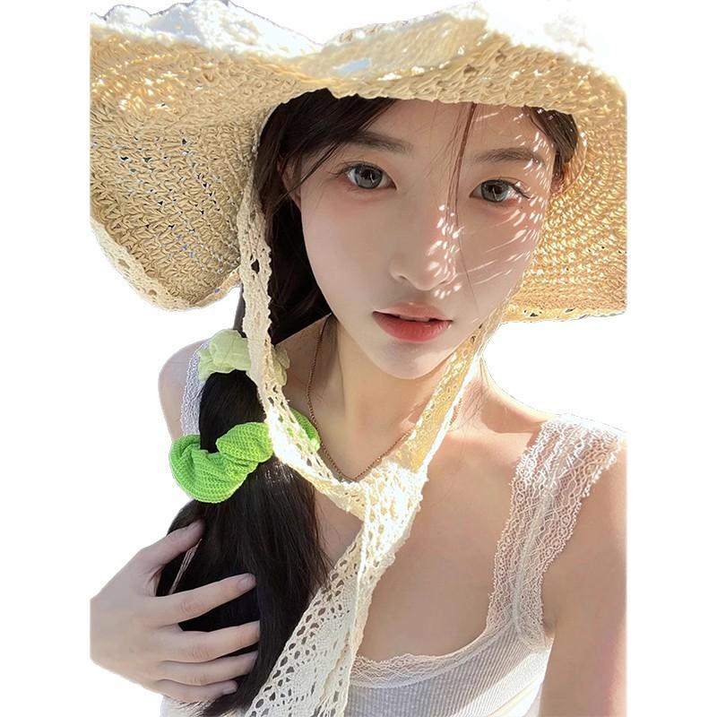 Lace lace-up big brim straw hat women's summer 2026 new beach travel sun hat seaside sun hat